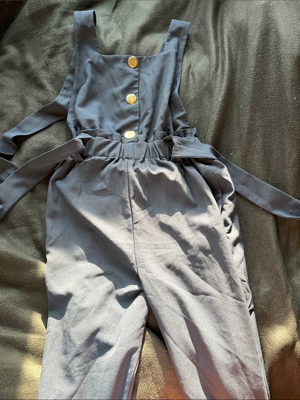 High-Waist Navy Blue Jumpsuit Backless with Gold Button Detail